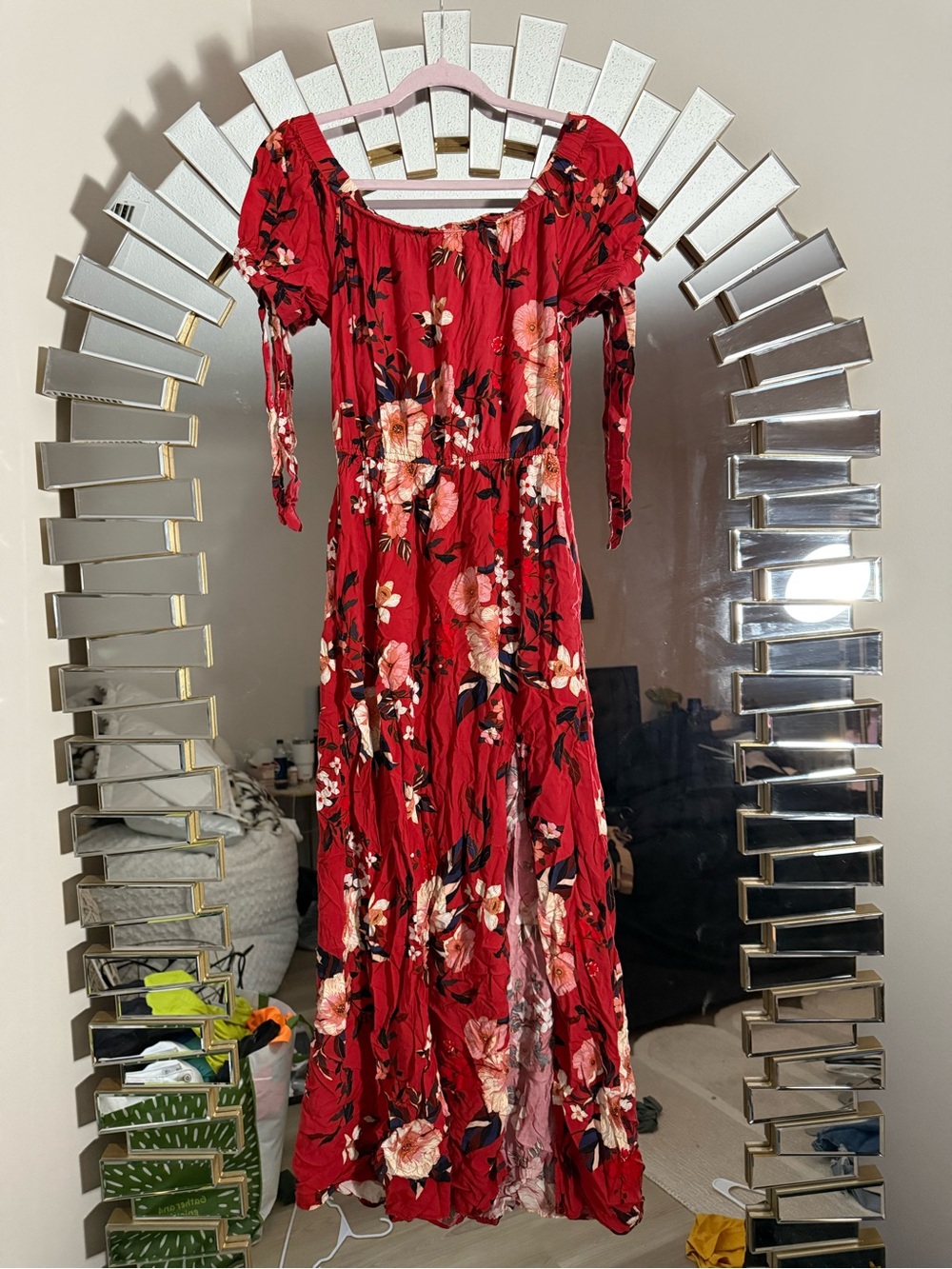 Band of Gypsies Red Floral Off-Shoulder Maxi Dress
